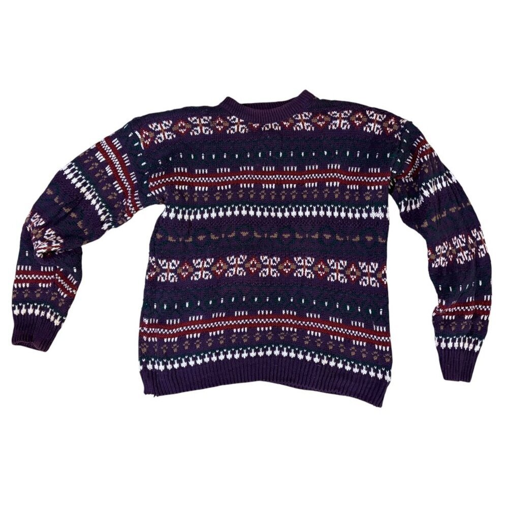Vintage Eddie Bauer Fair Isle Sweater L Chunky Knit Cozy 100% Cotton Prince USA